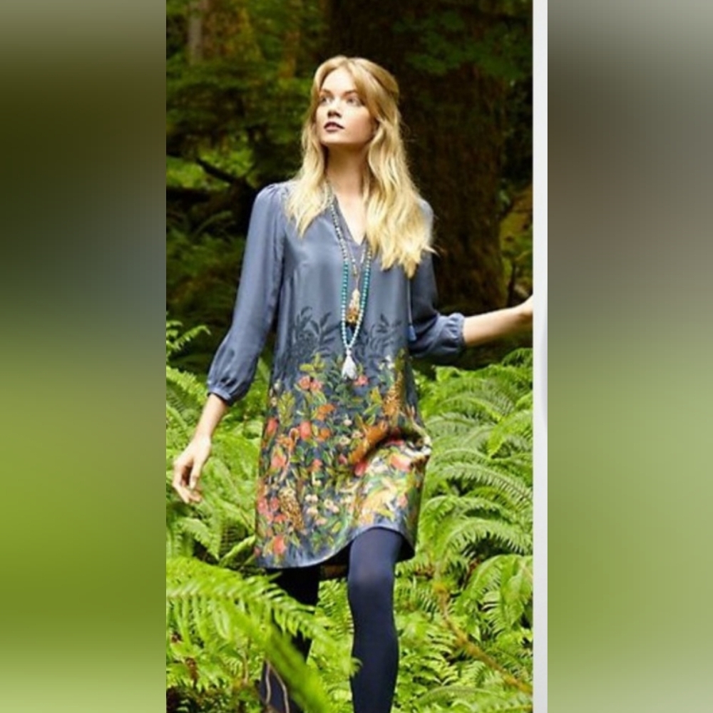 Anthropologie Moulinette Souers Blue Silk Forest Printed Sheath Dress size Small